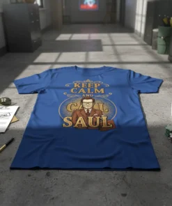 Keep Calm And Saul T-Shirt featuring a portrait of Saul Goodman in a suit with vintage-style typography