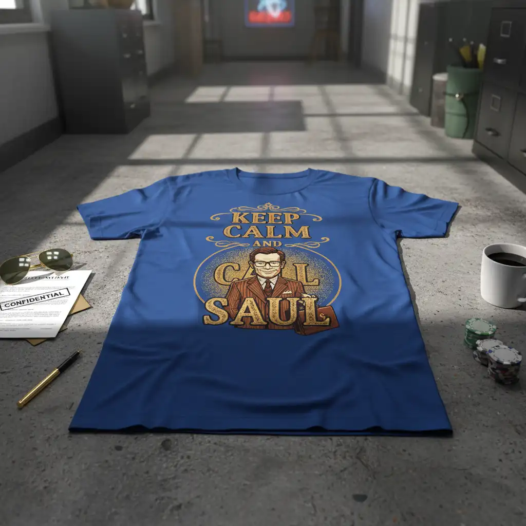 Keep Calm And Saul quote with Saul Goodman illustration on a blue t-shirt design