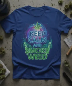 Keep Calm And Smoke Weed t-shirt design with neon text and cannabis leaf graphic