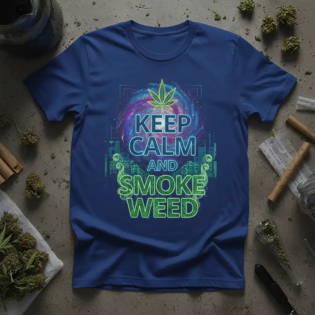Keep Calm And Smoke Weed phrase with neon font and cannabis leaf graphic on t-shirt