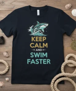 Keep Calm and Swim Faster quote with a shark jumping out of waves graphic on a navy t-shirt
