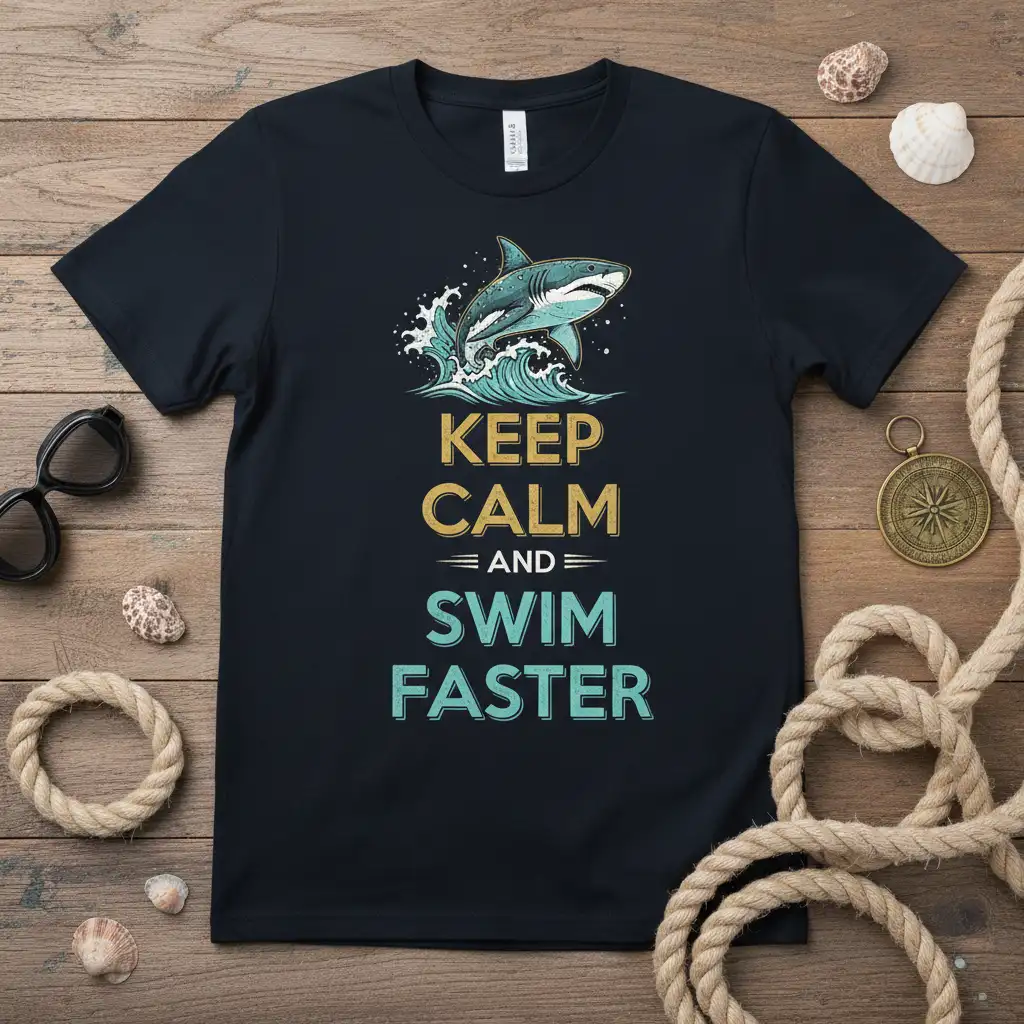 Keep Calm and Swim Faster text and shark graphic on a dark t-shirt
