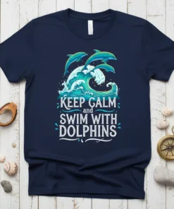 Keep Calm and Swim With Dolphins quote with dolphins jumping over ocean waves graphic on a navy t-shirt