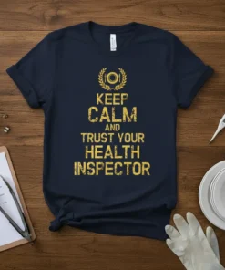 Keep Calm and Trust Your Health Inspector quote t-shirt with a laurel wreath graphic above the text in yellow distressed