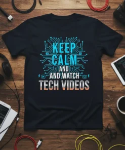 Keep Calm And Watch Tech Videos t-shirt with a circuit board graphic, featuring blue and orange text