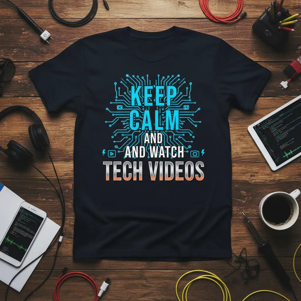 Keep Calm And Watch Tech Videos quote t-shirt design with detailed blue circuit board graphic and gradient text