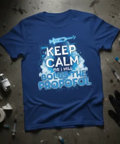Keep Calm Or I Will Bolus The Propofol text with a syringe graphic on a blue t-shirt