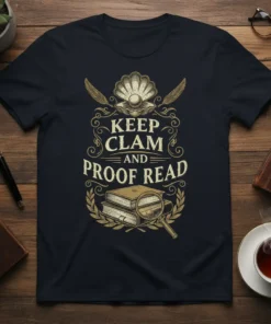 Keep Clam and Proof Read quote in decorative font on a navy t-shirt with clam, pearl, feathers, books, and magnifying