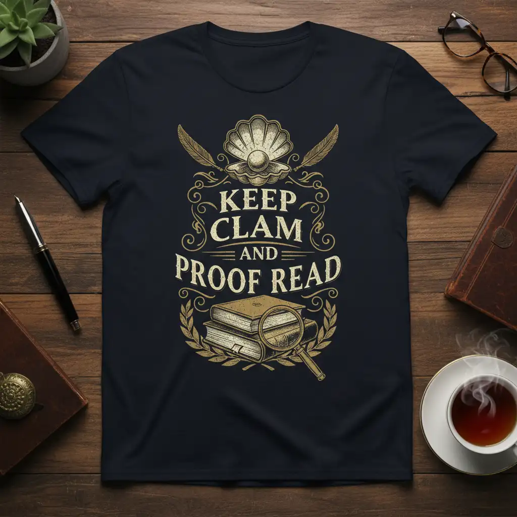 Keep Clam and Proof Read quote with clam, pearl, and books graphic on a t-shirt design