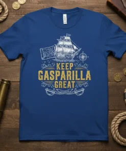 Keep Gasparilla Great t-shirt with a vintage pirate ship, map, compass, and crossed swords design