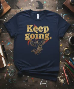 Keep Going. inspirational quote t-shirt with a golden phoenix graphic and flames design