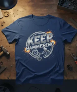 Keep Hammering t-shirt design featuring metallic text, gears, and a hammer graphic with orange sparks