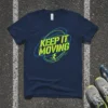 Navy t-shirt with neon green and blue "KEEP IT MOVING" text and a running silhouette graphic