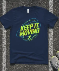 Navy t-shirt with neon green and blue "KEEP IT MOVING" text and a running silhouette graphic