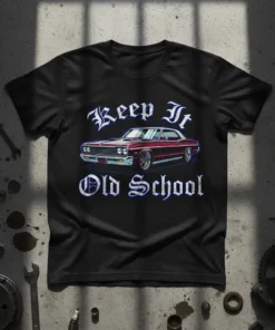 Keep It Old School T-Shirt featuring a classic red lowrider car and gothic-style text