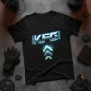 Black t-shirt with "KEEP KFG GOING" text in futuristic blue neon font and circuit board graphic with upward arrows