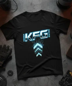 Black t-shirt with "KEEP KFG GOING" text in futuristic blue neon font and circuit board graphic with upward arrows