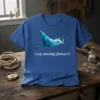 Blue t-shirt with a geometric manta ray graphic and the text "keep moving forward."