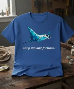 Blue t-shirt with a geometric manta ray graphic and the text "keep moving forward."