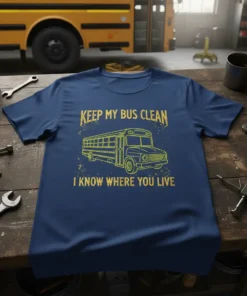 Navy blue t-shirt with yellow distressed graphic of a school bus and the text "KEEP MY BUS CLEAN I KNOW