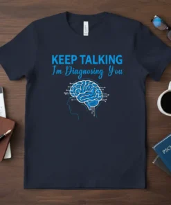 Navy t-shirt with blue text "KEEP TALKING I'm Diagnosing You" and a blue brain graphic
