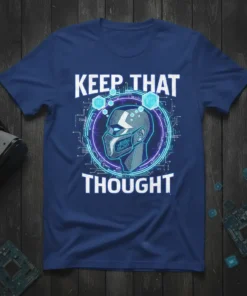 Keep That Thought cyberpunk t-shirt design with futuristic head graphic and circuit board elements