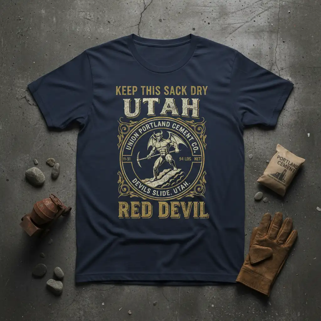 Keep This Sack Dry Utah Red Devil Cement Union Portland Cement Co. graphic tee with devil illustration