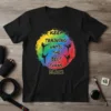 Karate t-shirt with "Keep Training Until The Belt Turns Black" quote and silhouette martial artists kicking inside a rainbow circle