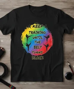 Karate t-shirt with "Keep Training Until The Belt Turns Black" quote and silhouette martial artists kicking inside a rainbow circle