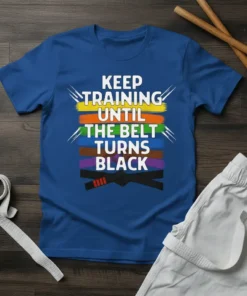 Keep Training Until The Belt Turns Black T-Shirt featuring colorful martial arts belts and a black belt graphic