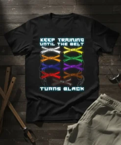 Black t-shirt with blue neon text "KEEP TRAINING UNTIL THE BELT TURNS BLACK" and a graphic of colored martial arts