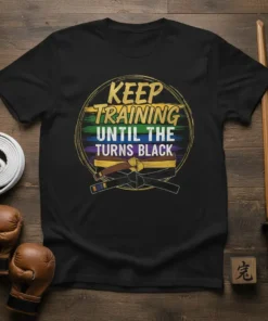 Black t-shirt with "Keep Training Until The Turns Black" text and graphic of martial arts belts, including brown, yellow, and