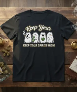 Keep Your Spirits High t-shirt with four cartoon ghosts, one smoking, one holding a bong, one with a cannabis leaf