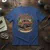 Keep on Truckin' vintage truck design with flames and cacti on a blue t-shirt
