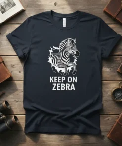 Keep On Zebra text with a jumping zebra graphic on a dark t-shirt