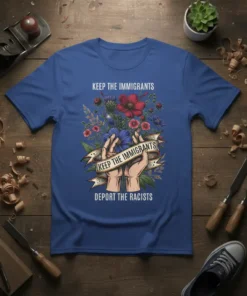 Keep The Immigrants Deport The Racists quote with floral graphic and hands holding banner on a blue t-shirt