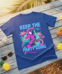 Keep The Party Going text with a colorful parrot playing a guitar on a blue t-shirt design, featuring tropical palm