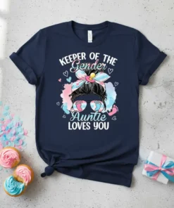 Keeper Of The Gender Auntie Loves You text with messy bun, sunglasses, pacifier, and footprints graphic on a navy t-shirt