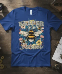 Keeper of the Gender t-shirt design with a large bumblebee and smaller bees surrounded by flowers