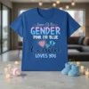 Keeper Of The Gender Pink Or Blue Cousin Loves You t-shirt design with gradient text, hearts, and baby feet graphic