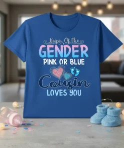 Keeper Of The Gender Pink Or Blue Cousin Loves You t-shirt design with gradient text, hearts, and baby feet graphic