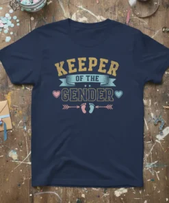 Navy blue t-shirt with "Keeper Of The Gender" text in gold and blue, featuring baby feet graphic