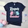Navy t-shirt with "Keeper of the Gender" text and pink and blue elephants for a gender reveal party