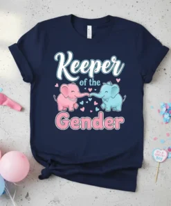Navy t-shirt with "Keeper of the Gender" text and pink and blue elephants for a gender reveal party