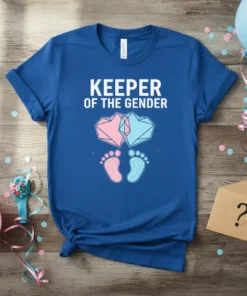Keeper Of The Gender t-shirt with pink and blue hearts and baby footprints design