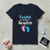 Keeper of the Gender t-shirt design with pink and blue baby footprints and playful typography announcing a baby's sex