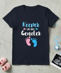 Keeper of the Gender t-shirt design with pink and blue baby footprints and playful typography announcing a baby's sex