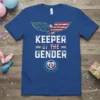 Keeper Of The Gender t-shirt design with an eagle and patriotic elements, featuring baby footprints inside a heart emblem
