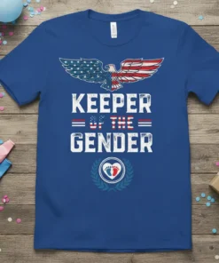 Keeper Of The Gender t-shirt design with an eagle and patriotic elements, featuring baby footprints inside a heart emblem