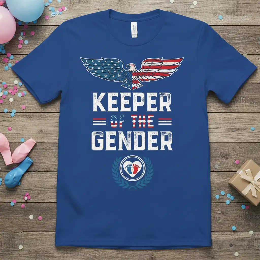 Keeper Of The Gender patriotic t-shirt design with eagle and baby footprints emblem for gender reveal events